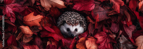 A cute hedgehog nestled among fallen autumn leaves