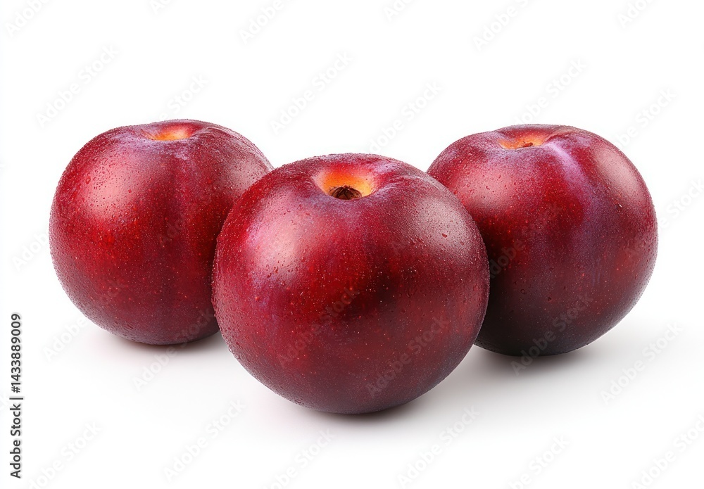Fresh Red Plums with Water Droplets on White Background for Healthy Eating and Nutrition Concepts Fresh Red Plums with Water Droplets on White Background for Healthy Eating and Nutrition Concepts