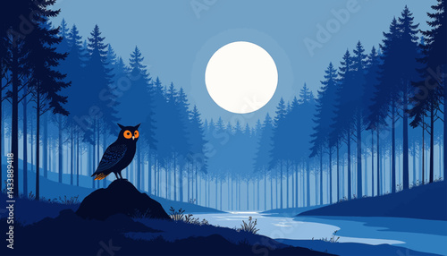 Owl with Orange Eyes in Blue Forest Under Full Moon