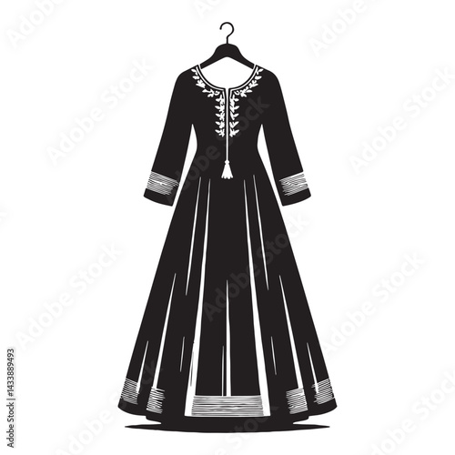 Ornate Salwar Kameez silhouette, detailed with intricate patterns – Salwar Kameez illustration – Minimalist Salwar Kameez vector – Ladies dress silhouette

