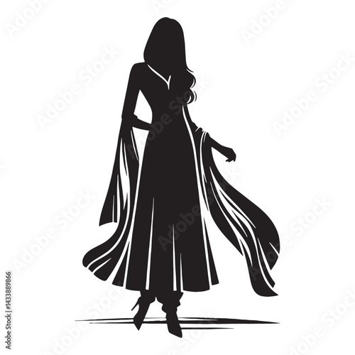 Modern Salwar Kameez silhouette, fusion of tradition and trend – Salwar Kameez illustration – Minimalist Salwar Kameez vector – Ladies dress silhouette

