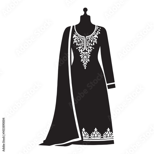 Stylish Salwar Kameez silhouette, perfect for festive occasions – Salwar Kameez illustration – Minimalist Salwar Kameez vector – Ladies dress silhouette

