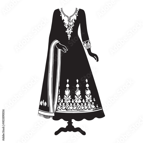 Classic Salwar Kameez silhouette, timeless ethnic beauty – Salwar Kameez illustration – Minimalist Salwar Kameez vector – Ladies dress silhouette

