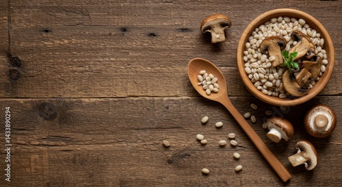 Pearl barley with mushrooms served in rustic wood bowl, a wooden spoon with some grains spilled decoratively. Healthy food for diet as food poster ad.