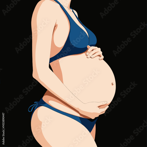 Pregnant woman in blue bikini holding her belly, anime style