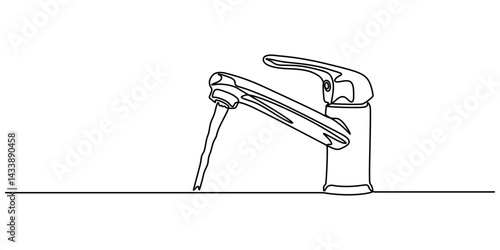 Water tap with flowing water in one line art style. Minimalist illustration for plumbing, water conservation, and environmental topics, Continuous one line drawing of water faucet. One line drawing.