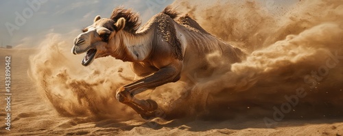 Camel sprinting across desert sand.
