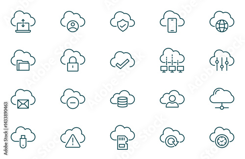 Cloud Computing - thin line vector icon set. Pixel perfect. Editable stroke. The set contains icons: Cloud Computing, Data Analyzing, Data Center, Internet of Things.