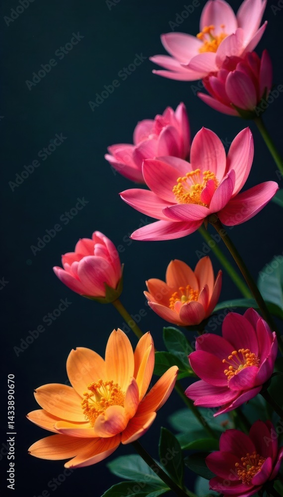 Fototapeta premium Vibrant blooms, diverse petals, dark backdrop, blossoms, design