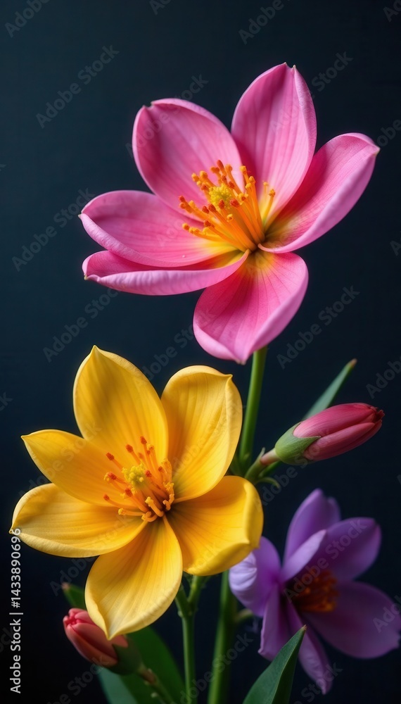 Vibrant blooms, diverse petals, dark backdrop, garden, isolated, dark background Vibrant blooms, diverse petals, dark backdrop, garden, isolated, dark background