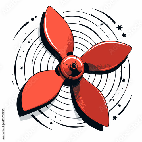 Red propeller with stylized motion lines and stars