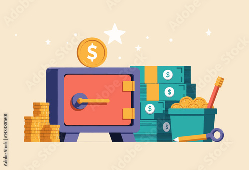 Safe with Money, Coins, and Pencils Illustration