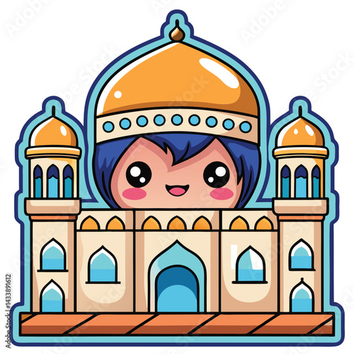 Cute cartoon mosque with kawaii character
