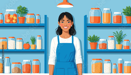 Smiling woman in blue apron in front of pantry shelves