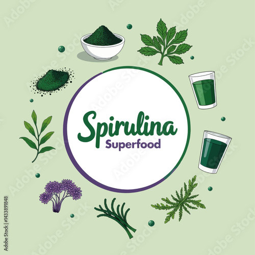 Spirulina Superfood Illustration with Powder and Drinks