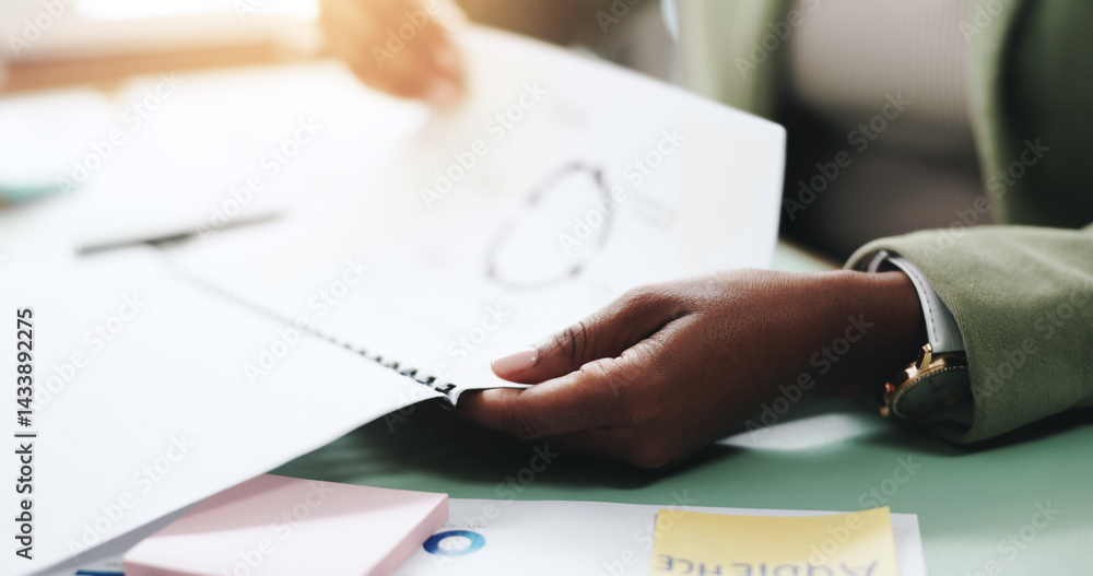 Hands, business person and document with proposal, graphs and profit growth or sales analytics. Closeup, woman or financial advisor with strategy, paperwork and notes for charts or company revenue