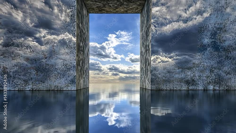 Concrete doorway to a sky reflected in water