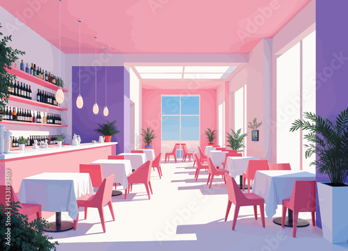 Vaporwave Style Pink and Purple Restaurant Interior