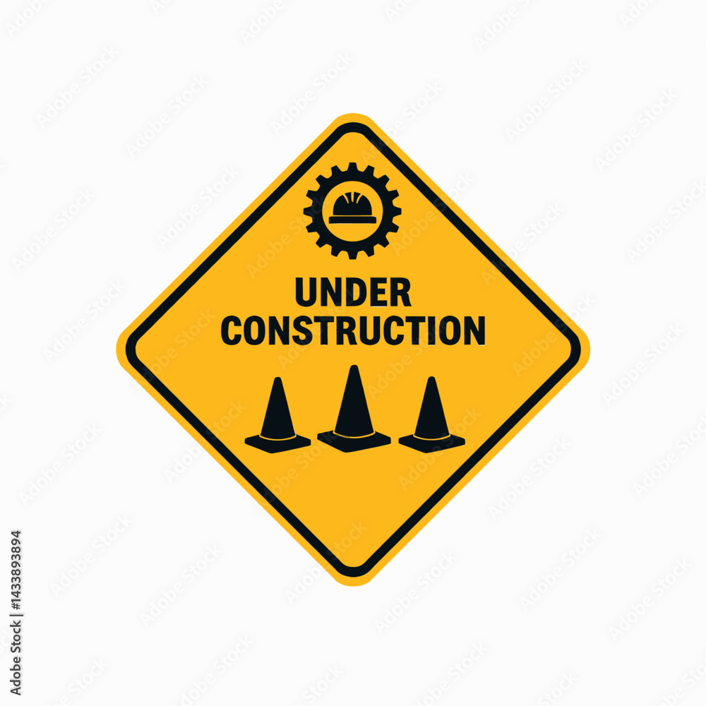Yellow under construction sign with cones and gear icon Yellow under construction sign with cones and gear icon