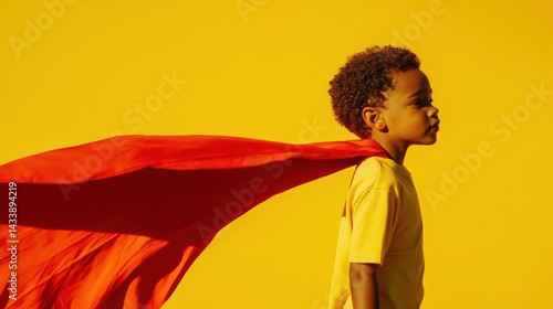 Young boy in yellow shirt with red cape, hero pose