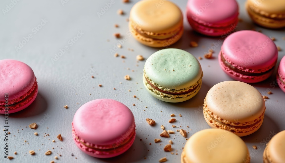 Fototapeta premium Tempting Macarons in the cozy corner on a light gray background, in a clean food photography style, with studio glow radiance, spacious layout, high resolution, everything in sharp focus, no blur