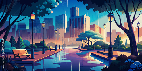Beautiful raining scene in modern urban city vector