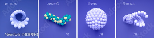 3D sphere made of small balls looks like a molecule. Spiral-shaped organic object. Modelling of nanoparticles. Science Set. Vector illustration for brochure, poster, presentation, flyer or cover.