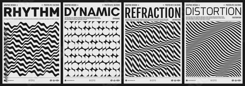 3D wavy pattern with optical illusion. Glitch abstract background. Wavy pattern with optical illusion. Abstract striped background. Black and white cover design template. Vector for brochure or flyer.