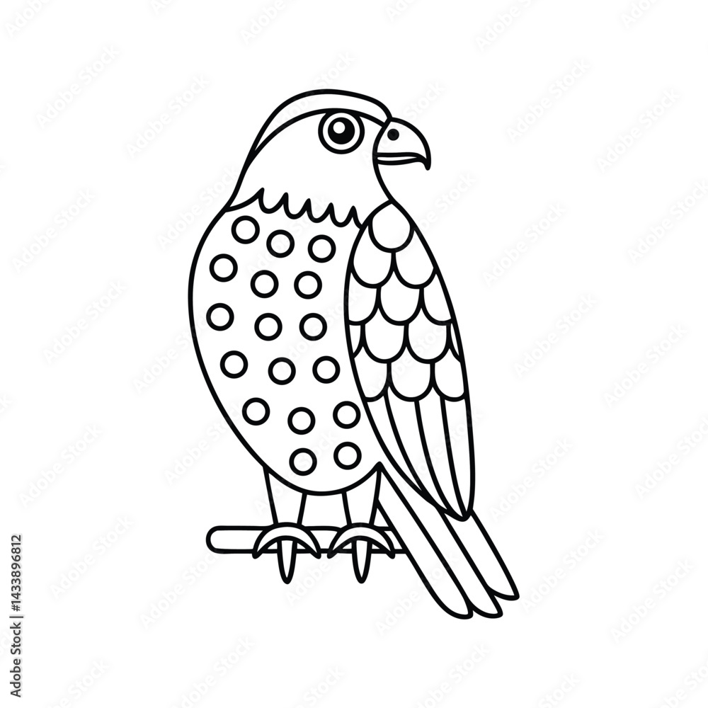 Fototapeta premium Cute falcon bird outline cartoon illustration perched on a branch design element
