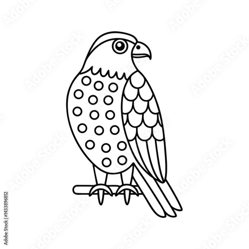 Cute falcon bird outline cartoon illustration perched on a branch design element