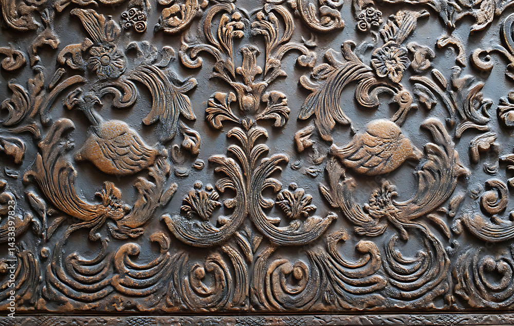Fototapeta premium Intricate Bronze Metal Relief with Birds and Floral Patterns