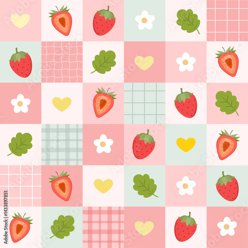 Pattern background with strawberry, leaves, flower, heart and lines on the colourful checkered background. Vector illustration strawberry pattern for background, wallpaper, wrapping and textile