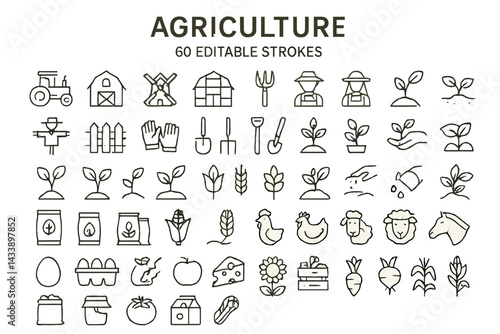 Icon set showcasing various symbols of agriculture including tools, crops, and farming equipment for digital use