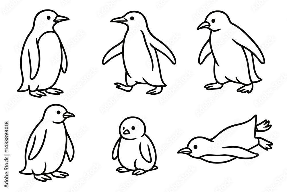 Naklejka premium Penguin icon set featuring various poses and activities for creative design