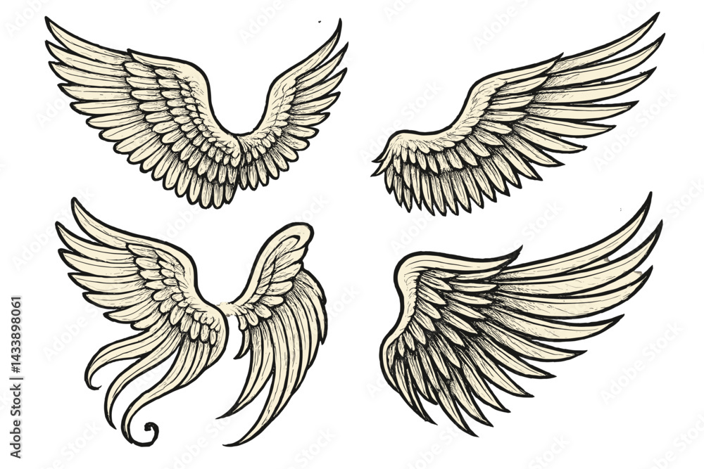 Fototapeta premium Icon set featuring various wing designs in detailed illustrations, showcasing different styles and shapes suitable for creative projects