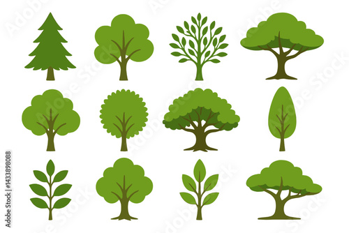 Variety of green tree icons suitable for environmental designs and nature-related projects