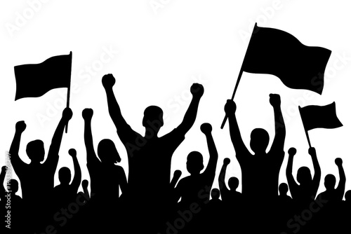 Crowd of protesters raising hands and flags in solidarity during a peaceful demonstration