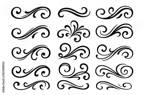 Collection of decorative swirl icons in black for design and artistic projects in various styles and patterns