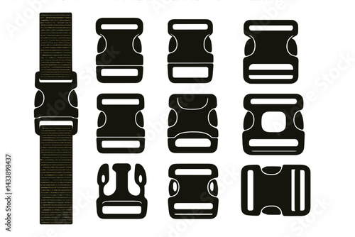 Various black buckle designs arranged in a grid layout for versatile strap applications