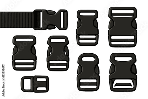 Icon set of various black plastic buckles for crafting and design projects