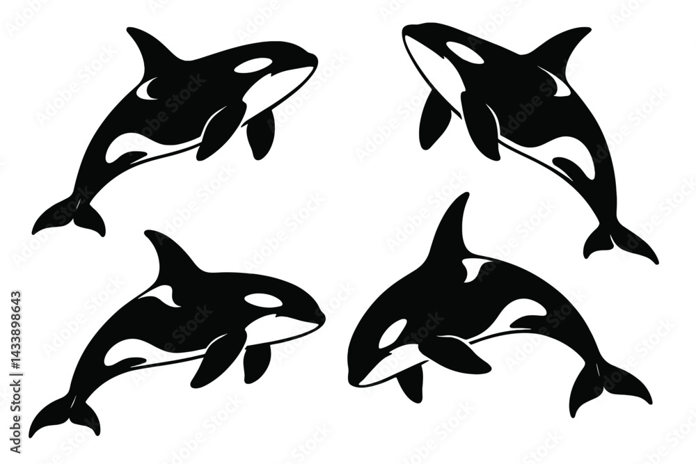 Fototapeta premium Orca icon set featuring four distinct black and white designs for digital and print projects