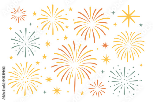 Colorful fireworks bursting in the night sky with stars illuminating the background in a vibrant display