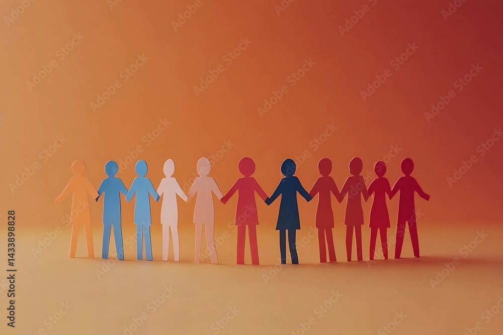 Paper People Holding Hands Unity Orange Background Paper People Holding Hands Unity Orange Background