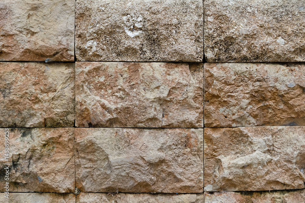 Naklejka premium A rough stone surface with cracks and natural pores, giving an ancient and authentic impression, often used as a decorative element in buildings.