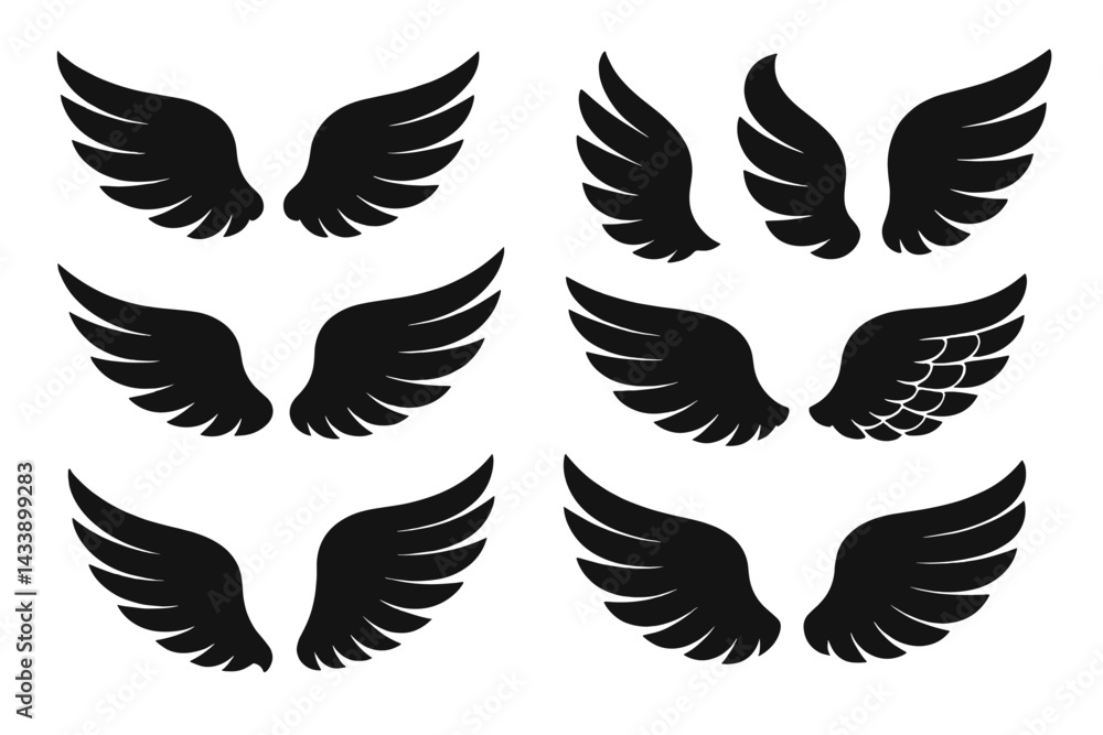 Variety of black wing icons for digital design and artistic applications Variety of black wing icons for digital design and artistic applications