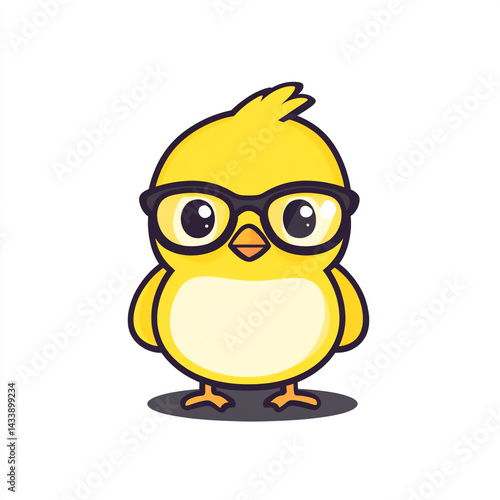 A cheerful, cartoon-style yellow chick wearing black-rimmed glasses on a simple white background, exuding charm and playfulness.