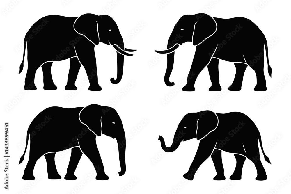 Fototapeta premium Icon set featuring four black elephant silhouettes in various poses and positions for versatile design applications