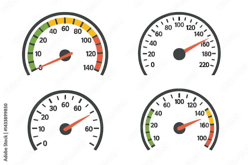 Naklejka premium Icon set featuring four different gauges illustrating various measurement readings for speed, temperature, fuel, and pressure