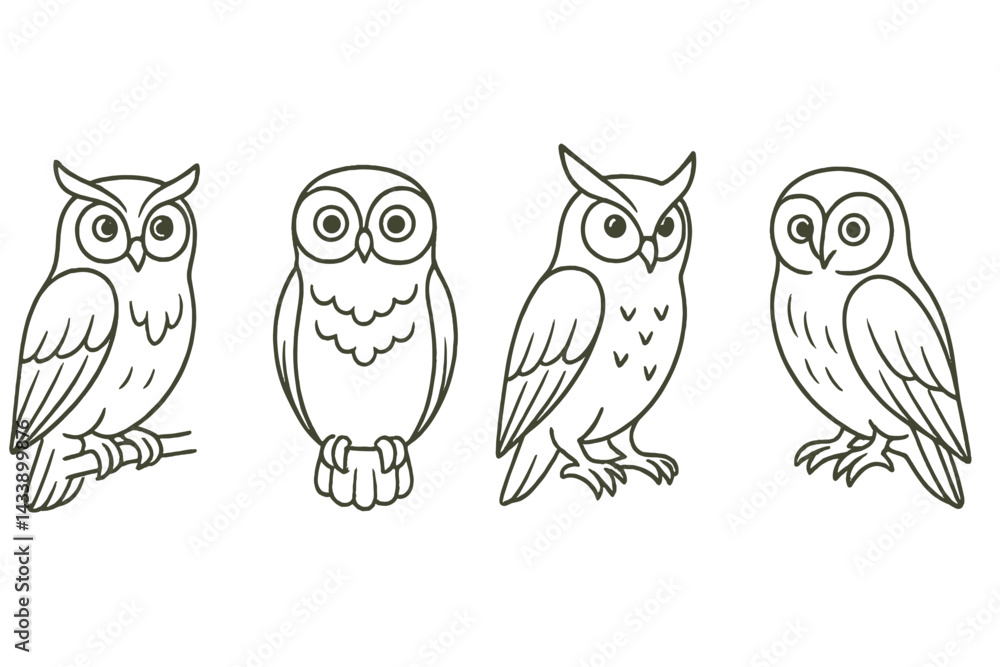 Obraz premium Collection of four adorable owl icons showcasing different styles and poses for creative projects and designs