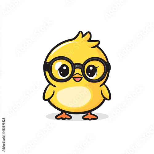 A cheerful, cartoon-style yellow chick wearing black-rimmed glasses on a simple white background, exuding charm and playfulness.